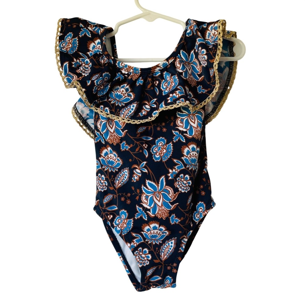Janie and Jack‎ Swimsuit Navy Floral Ruffle Gold Trim Girls 2T Coastal Boho